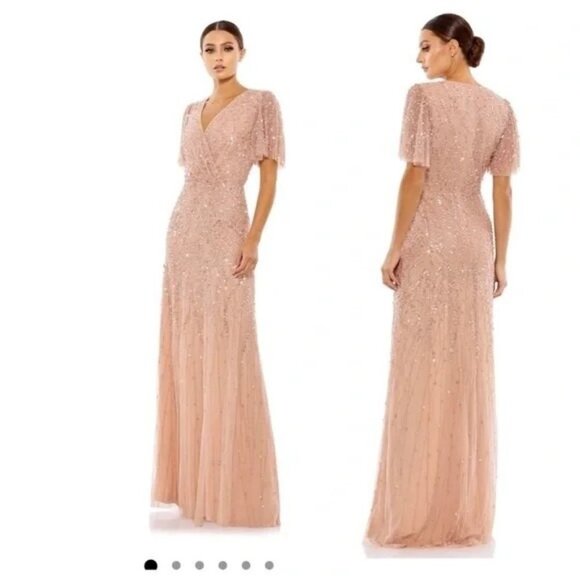 Mac Duggal Nude Blush Flutter Sleeve Sequin Evening Gown Dress Size 10 NWT 35109 - Picture 1 of 8